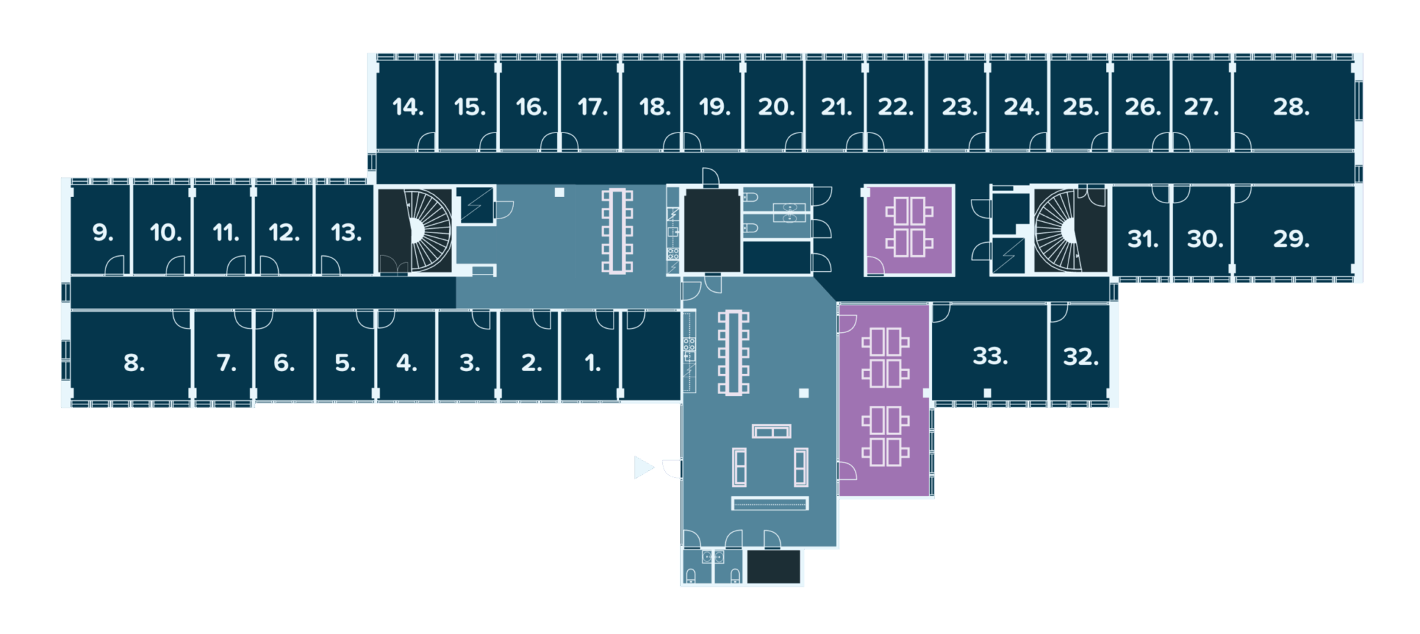 Floor plan of the Spektri Optimi office hotel. The different zones are marked in colour on the plan.